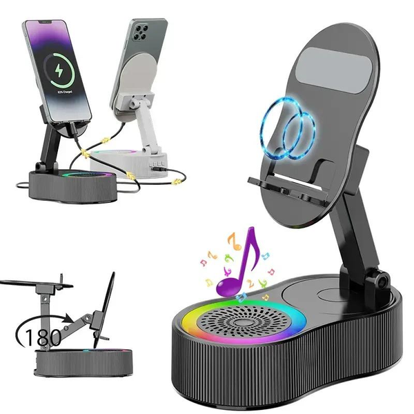 5-In-1 Wireless Bluetooth Speaker with Phone Holder | 3000Mah Portable Power Bank | USB Rechargeable | Adjustable Tablet Stand | Colorful LED Lights | Gift for Friends & Family